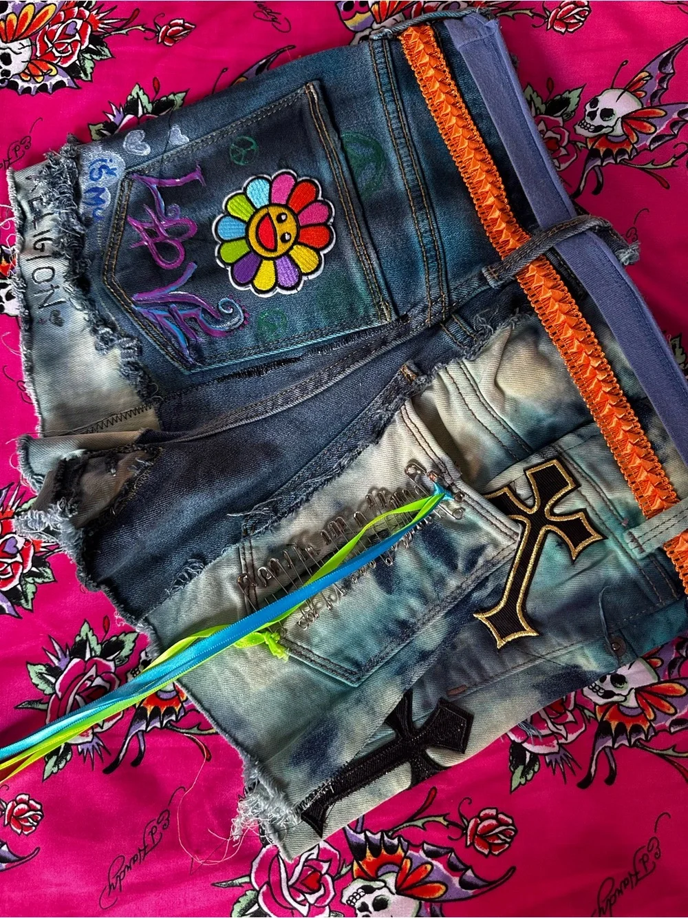 Embellished Tie-Dye Denim Cutoff Shorts with Orange Trim